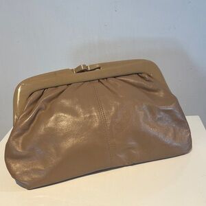 Vintage taupe leather and lucite clutch purse